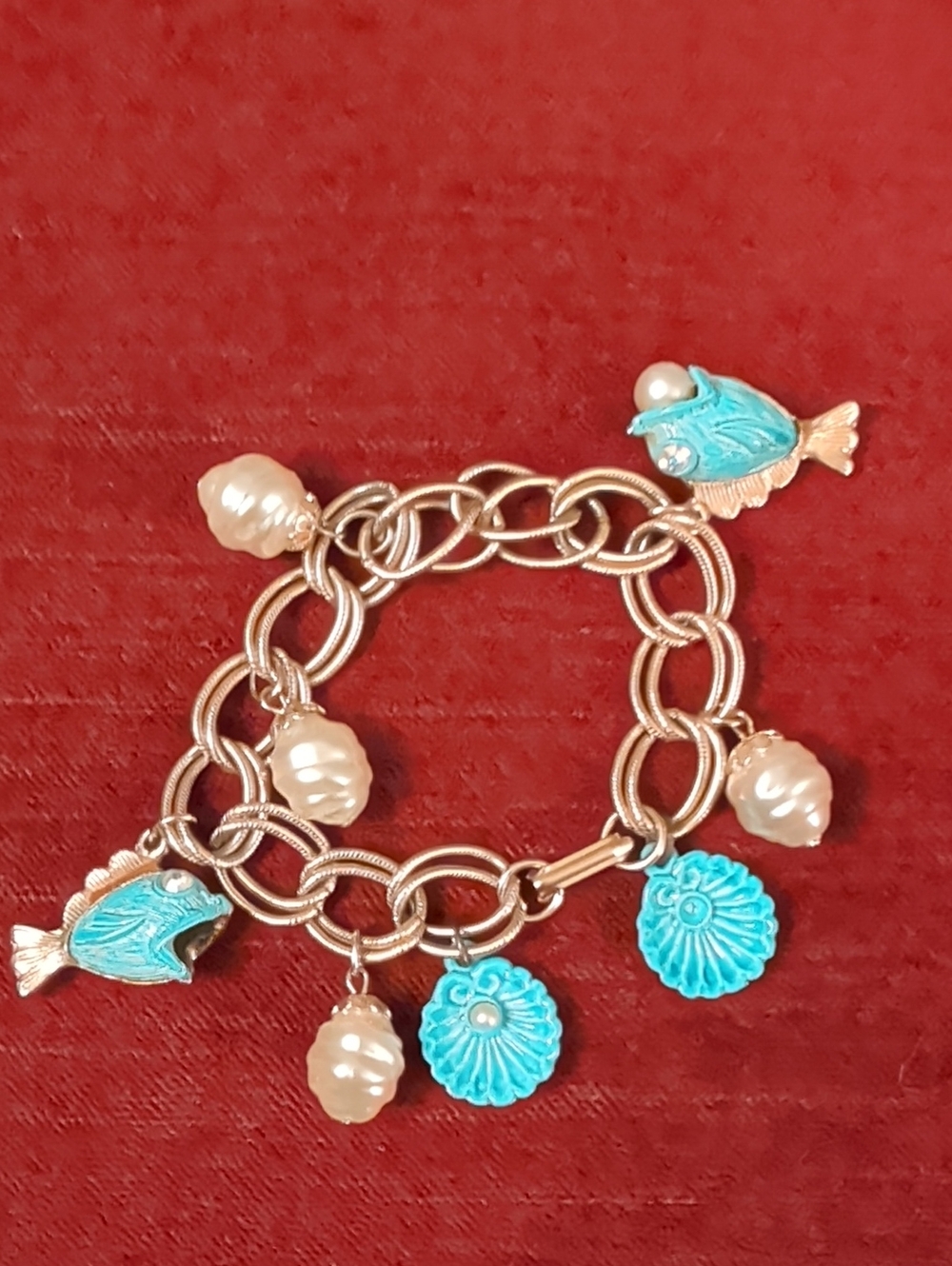 Turquoise Fish & Pearl Charm Vintage Bracelet - Women Jewelry